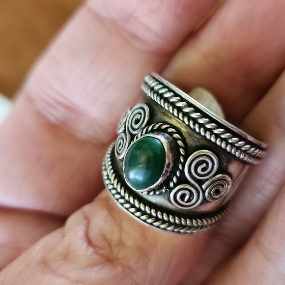Sterling Malachite Wide Boho Bali Style Cigar Band Ring sz 8 - Picture 9 of 16